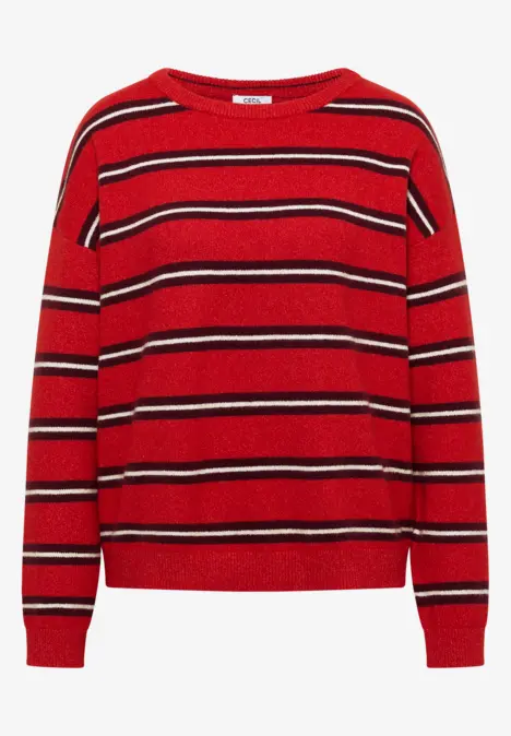 Roter Pullover mit schwarzen und weißen Querstreifen.