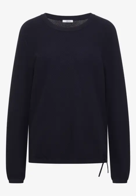 Ein schlichter dunkelblauer Pullover mit Rundhalsausschnitt, langen Ärmeln und seitlichem Tunnelzug.