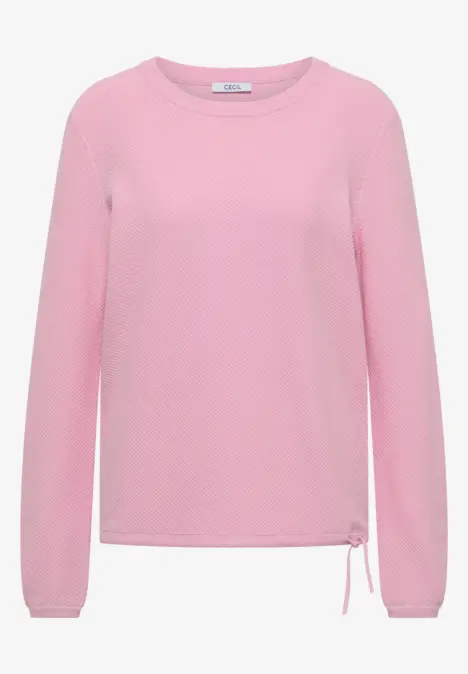 Ein schlichter, rosafarbener Langarm-Pullover mit Rundhalsausschnitt und Kordelzug am Saum.