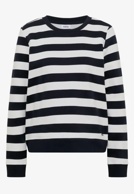 Pull à rayures noires et blanches, col rond et manches longues.