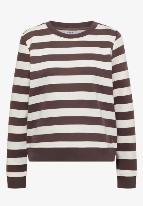 Pull à rayures marron et blanc, col rond et manches longues.