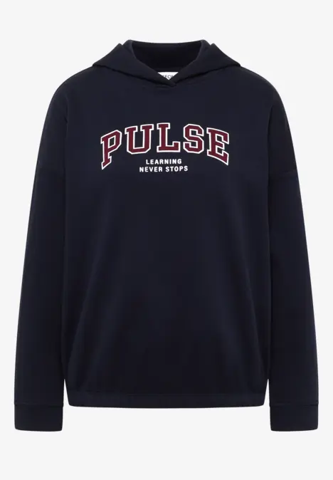 Dunkelblaue Kapuzenpullover mit 'PULSE LEAGUE NEVER STOP' Schriftzug.