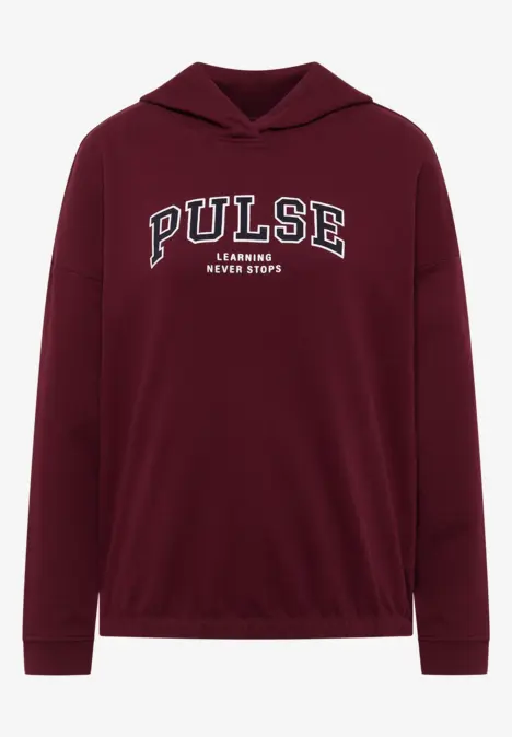 Bordeauxrotes Kapuzen-Sweatshirt mit weißem 'PULSE LEAGUE NEW YORK'-Aufdruck.
