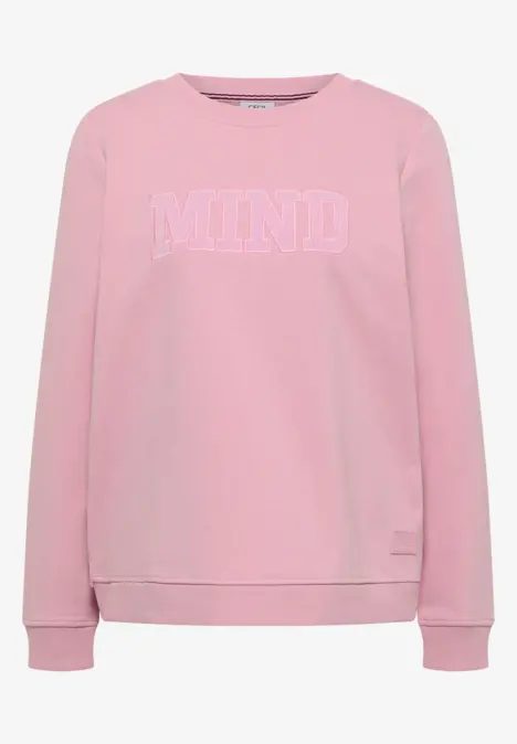 Rosa Sweatshirt mit rundem Ausschnitt und weißem 'MIND'-Schriftzug auf der Brust.