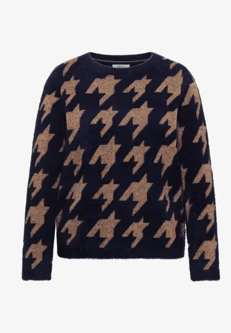 Flauschiger Pullover in Dunkelblau mit beigem Hahnentrittmuster.