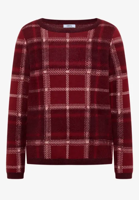 Roter Pullover mit kariertem Muster und Rundhalsausschnitt