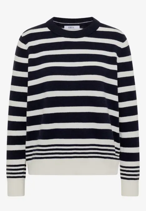 Pull à rayures horizontales bleu marine et blanc avec col rond.