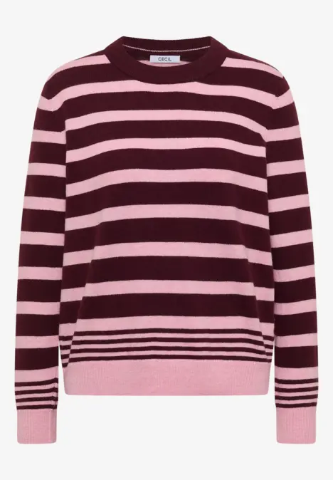 Un pull rayé bordeaux et rose à col rond