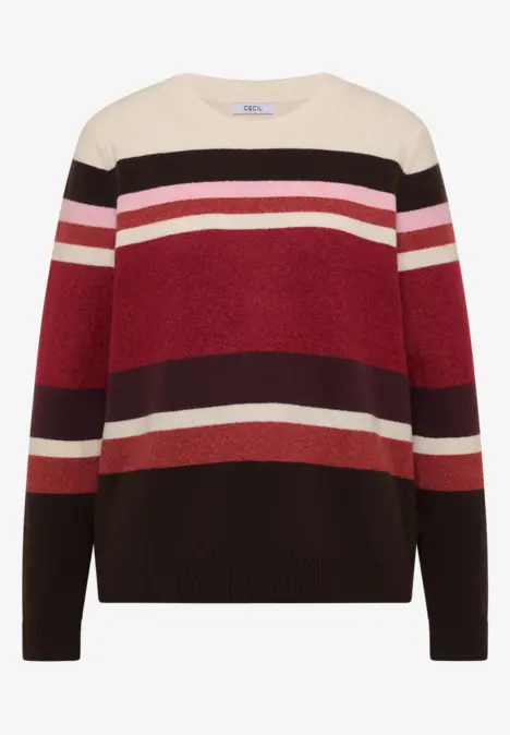 Pull en maille à manches longues et col rond, à rayures horizontales beige, noir, rose et bordeaux.