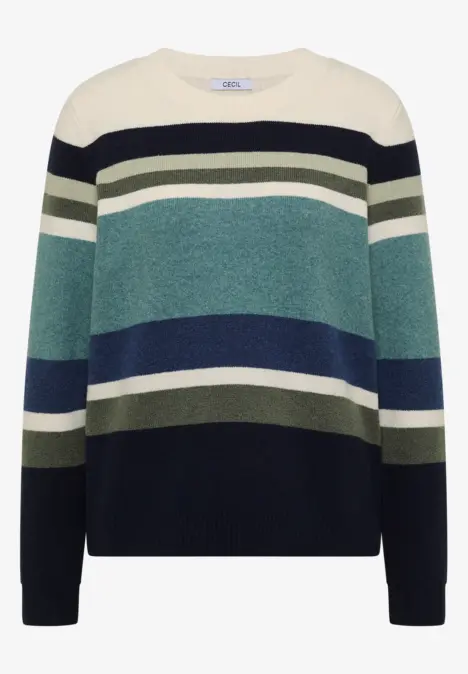 Pull ample à col rond avec larges rayures horizontales crème, vertes et bleues.