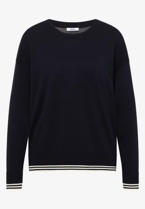 Pull noir col rond avec ourlet rayé