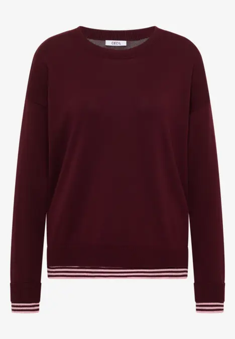 Pull bordeaux à col rond avec bandes blanches à la base et aux poignets.