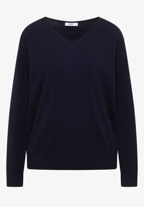 Pull col V bleu marine à manches longues, coupe simple et épurée.