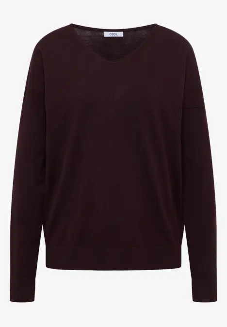 Pull simple bordeaux à col en V et manches longues.