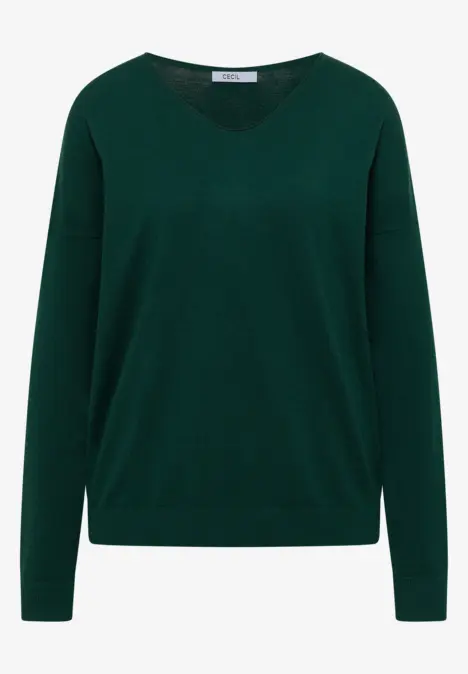 Pull vert foncé à col V et manches longues, design épuré.