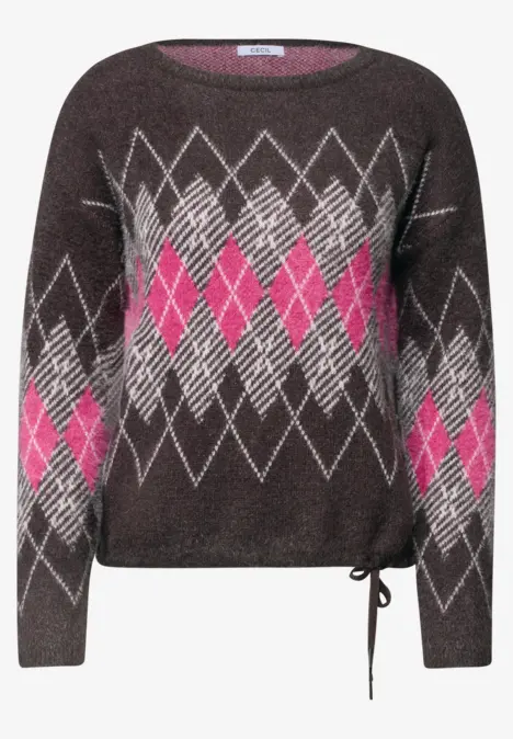 Graumelierter Pullover mit Rautenmuster in Hellgrau und Pink, Rundhals, lange Ärmel, Kordelzug am Saum.