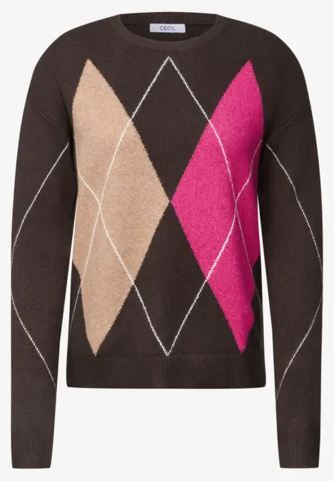 Pull marron avec losanges beige et rose vif