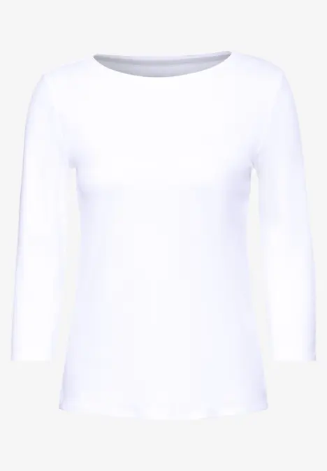 Weißes, langärmliges Damen-Shirt mit Rundhalsausschnitt.