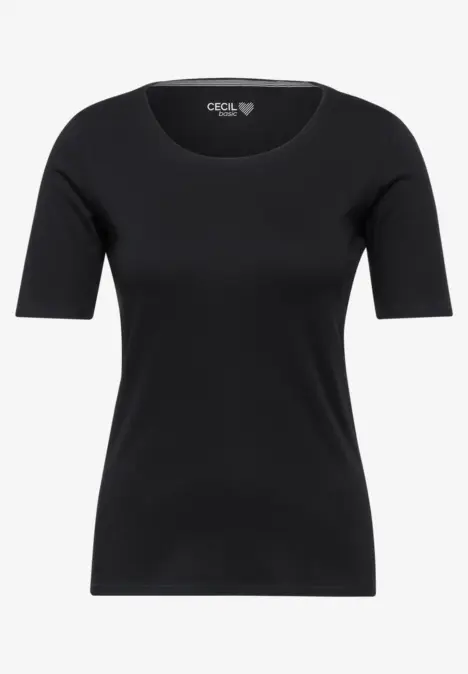 Schwarzes, kurzärmeliges T-Shirt mit Rundhalsausschnitt.