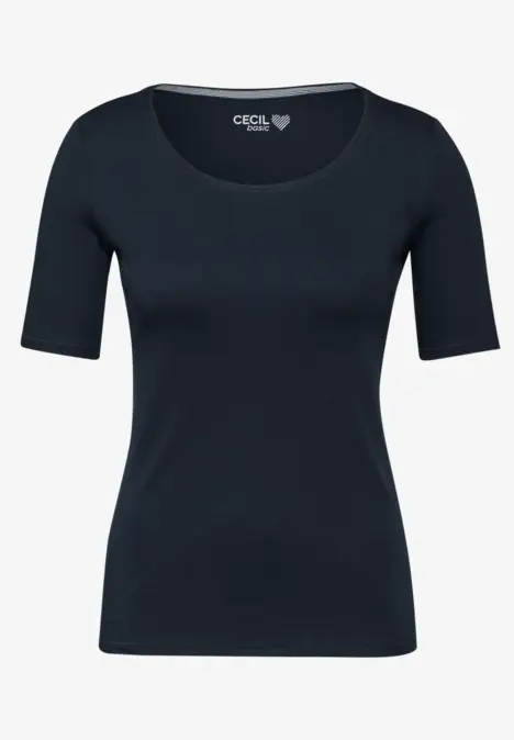 Schlichtes dunkles Damen-T-Shirt mit kurzen Ärmeln und rundem Ausschnitt.
