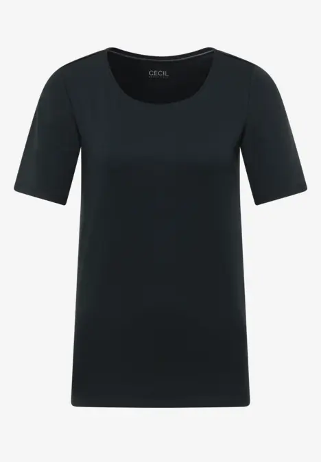 Zwart T-shirt met korte mouwen en ronde hals, eenvoudig en tijdloos design.