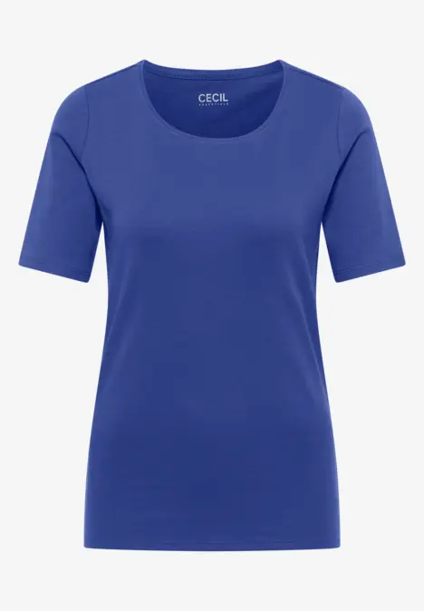 Ein schlichtes, royalblaues T-Shirt mit halblangen Ärmeln und Rundhalsausschnitt.