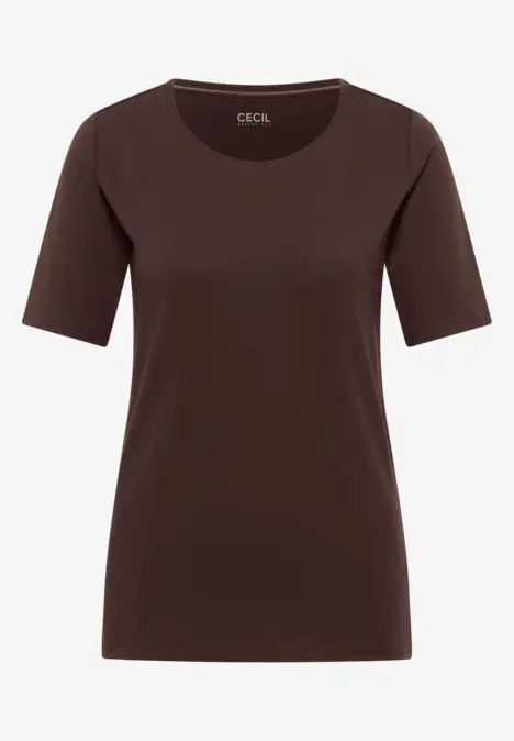 Schlichtes braunes T-Shirt mit Rundhalsausschnitt und kurzen Ärmeln.
