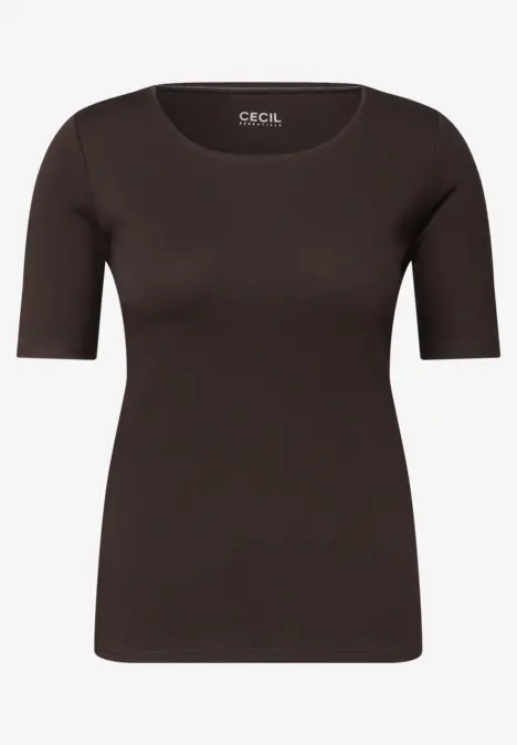 Een eenvoudig, donker dames-T-shirt met halflange mouwen en een ronde hals.