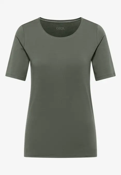 Schlichtes, olivgrünes Damen-T-Shirt mit halblangen Ärmeln und Rundhalsausschnitt.