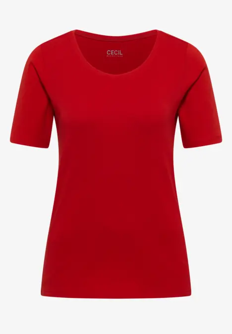 Ein schlichtes rotes T-Shirt mit kurzen Ärmeln und Rundhalsausschnitt.