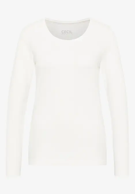 Weißes Langarmshirt mit Rundhalsausschnitt.