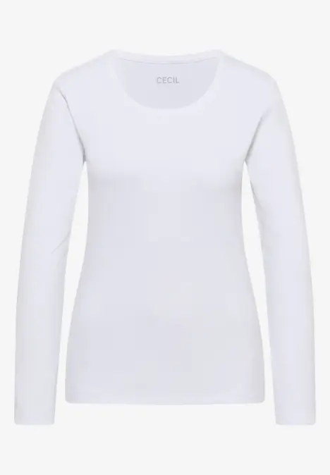 Schlichtes langärmliges weißes Damen-Shirt mit Rundhalsausschnitt.