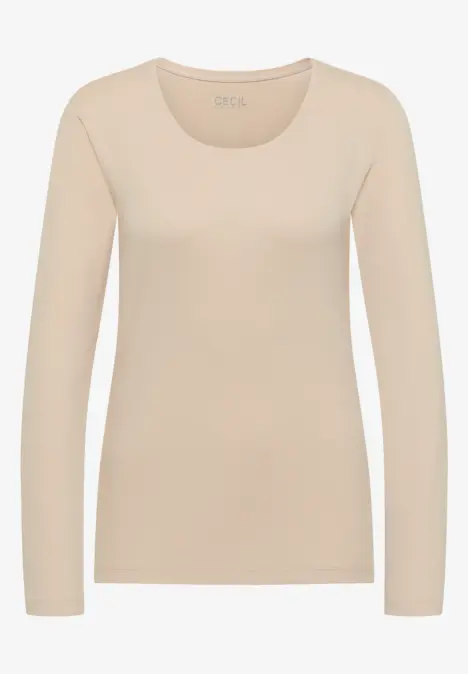 Beiges langärmeliges T-Shirt mit Rundhalsausschnitt in schmaler Passform