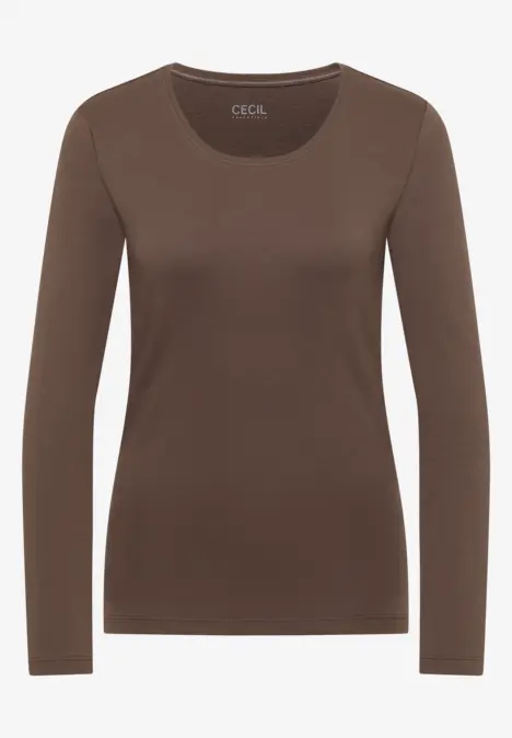 Ein schlichtes, braunes Langarmshirt mit Rundhalsausschnitt.