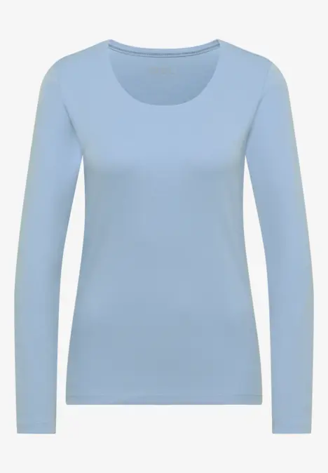 Hellblaues, langärmeliges Damen-Shirt mit Rundhalsausschnitt.