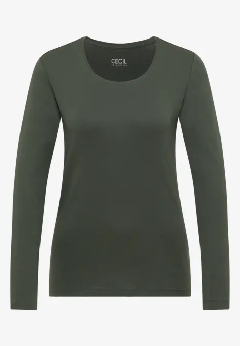 Dunkelgrünes, schlichtes Langarmshirt mit rundem Ausschnitt von CECIL.