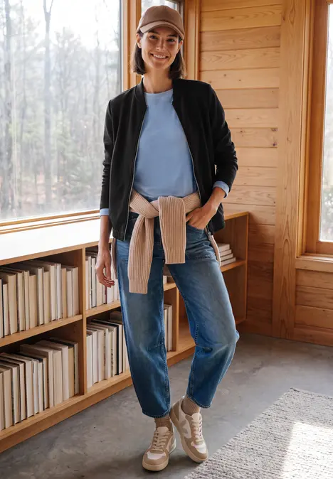 Junge Frau trägt Jeans, T-Shirt und Jacke, mit Pullover um die Taille, Mütze und Sneakern in gemütlichem Holzraum.