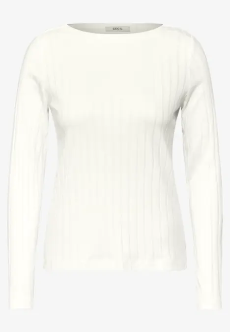 Weißer, langärmliger Pullover mit feinem Rippmuster.