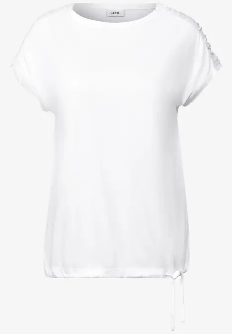 Weißes T-Shirt mit kurzen Ärmeln und Schnürung am Saum.