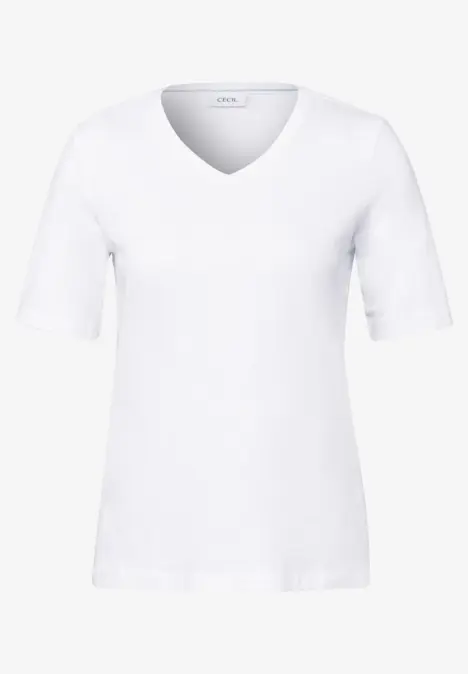 Weißes T-Shirt mit V-Ausschnitt und kurzen Ärmeln.