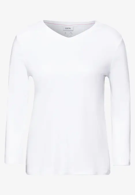 Weißes Langarmshirt mit V-Ausschnitt, schlichtes Design.