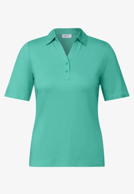 Grünes Poloshirt mit kurzen Ärmeln und Kragen.