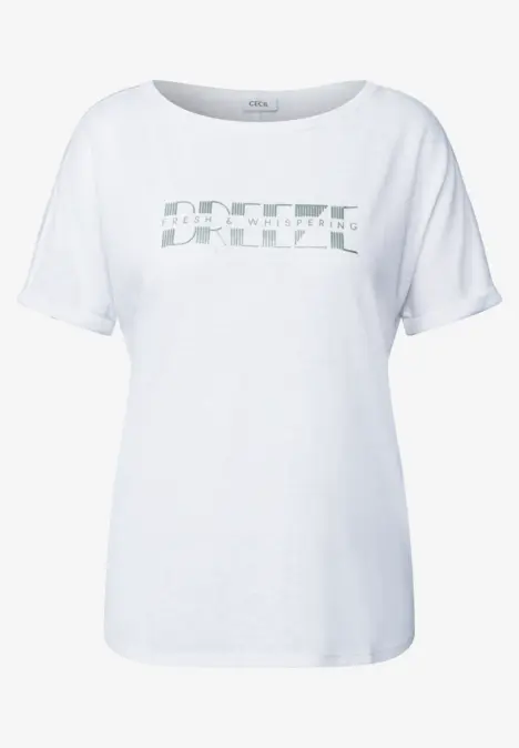 Weißes T-Shirt mit Aufdruck 'BREEZE FRESH & WHISPERING' vorne.