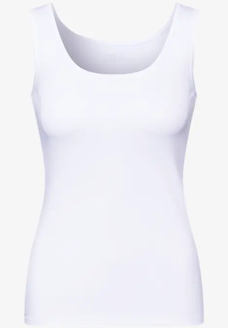 Débardeur blanc féminin sans manches, col rond, en tissu lisse légèrement extensible.