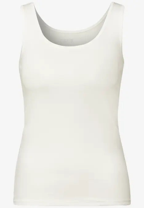 Ein schlichtes weißes Damen-Top mit rundem Ausschnitt, ärmellos.