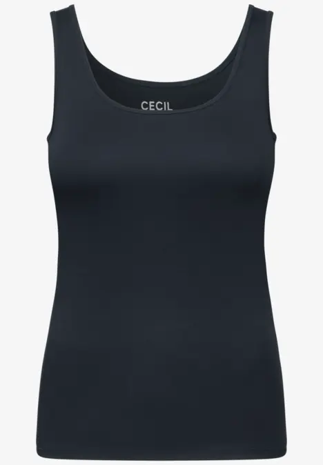 Schwarzes ärmelloses Tanktop mit rundem Ausschnitt und dezentem Logo im Nackenbereich.