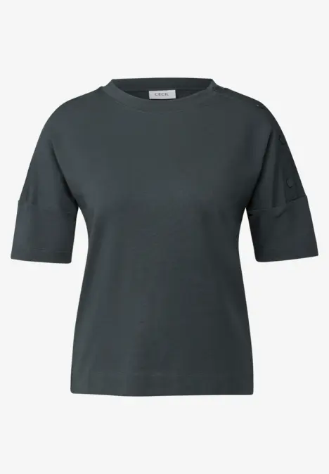 Dunkelgraues T-Shirt mit kurzen Ärmeln und Knöpfen an der Schulter.