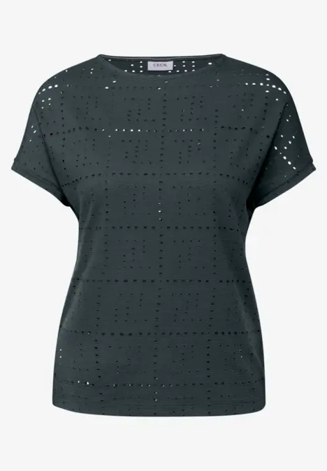Dunkelgraues T-Shirt mit Lochmuster und kurzen Ärmeln.