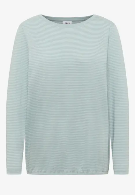 Hellgrünes, gestreiftes Langarmshirt mit Rundhalsausschnitt.