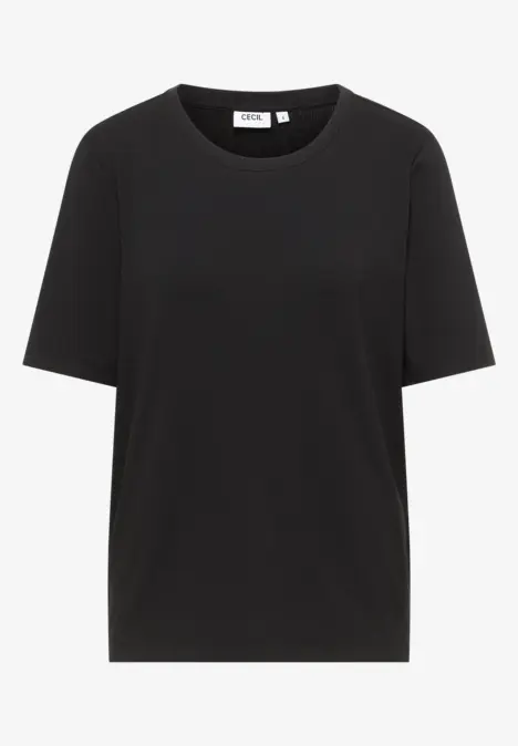 Schwarzes T-Shirt mit Rundhalsausschnitt, kurzärmlig und schlichtem Design.
